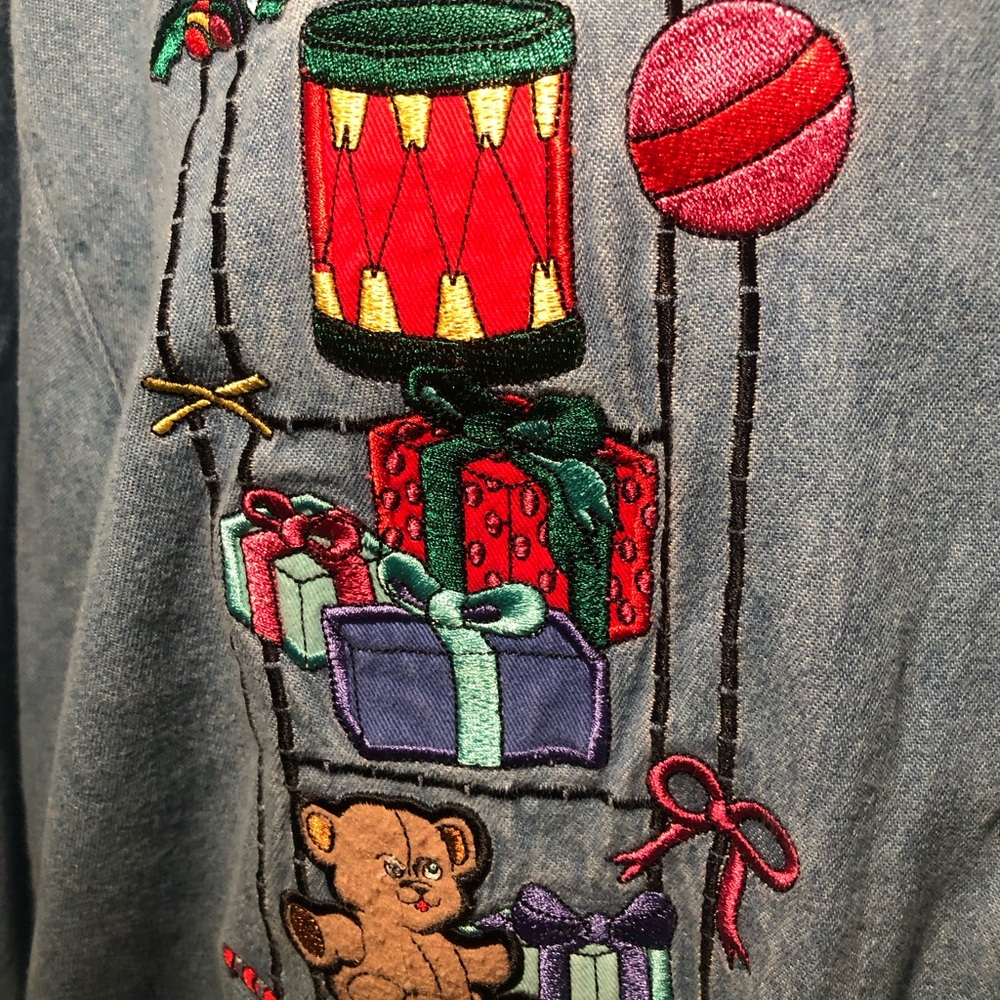 Long Sleeve Denim Shirt with Christmas Embroidered Designs